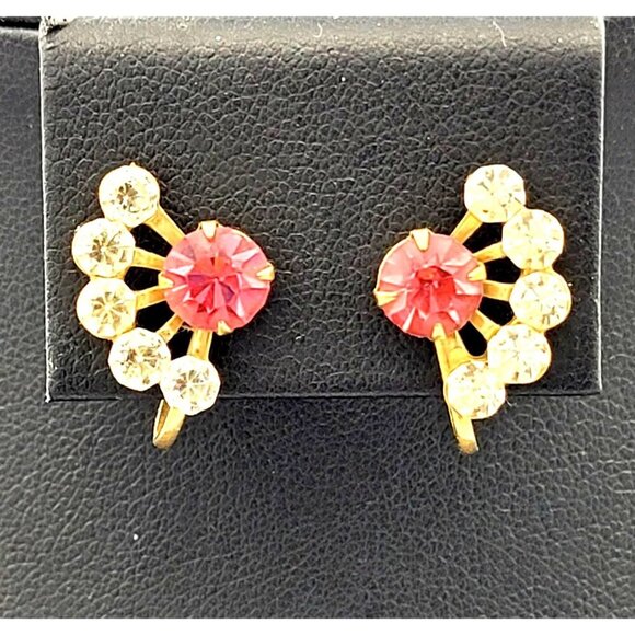 Unbranded Jewelry - Vintage Gold-Tone Screw-Back Rhinestone Fan Earrings Pink & Clear Stones 3/4"